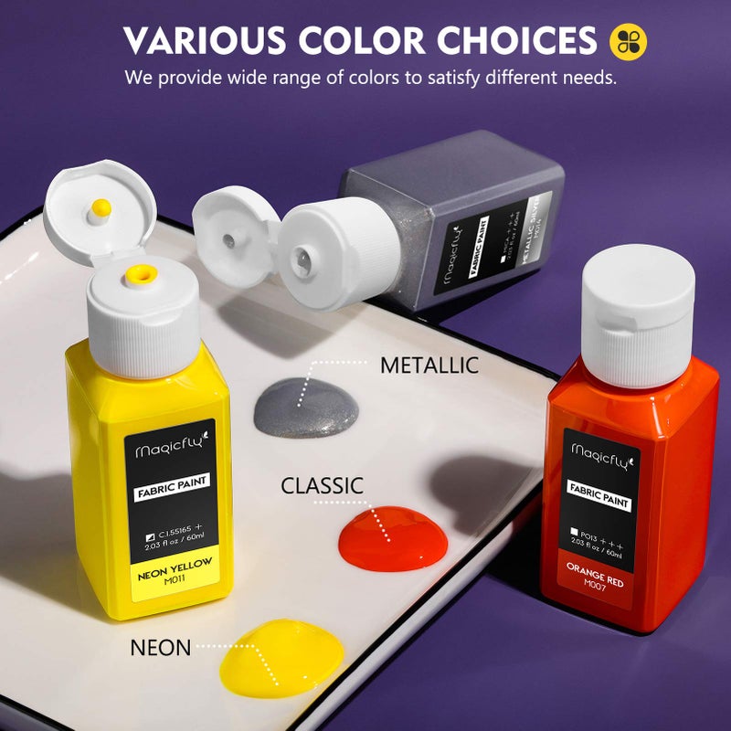 Magicfly Permanent Soft Fabric Paint Set for Clothes 14 Colors 60ML Textile T-Shirt Paints, No Heating Needed & Washable Fabric Paints for Crafts, Canvas, T-Shirts, Jeans, Bags, with 3 Brushes - Image 2